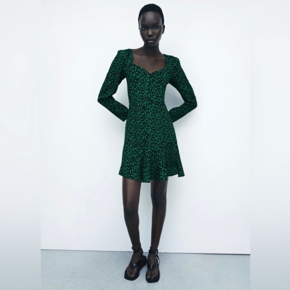 Zara floral green and black short dress; long sleeves